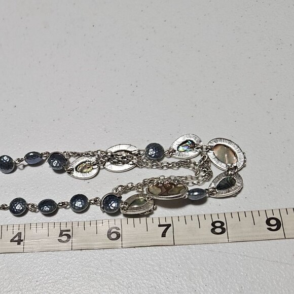 Vintage America Boho Abalone Shell Blue Beaded Statement Silver Tone Necklace - Picture 9 of 9